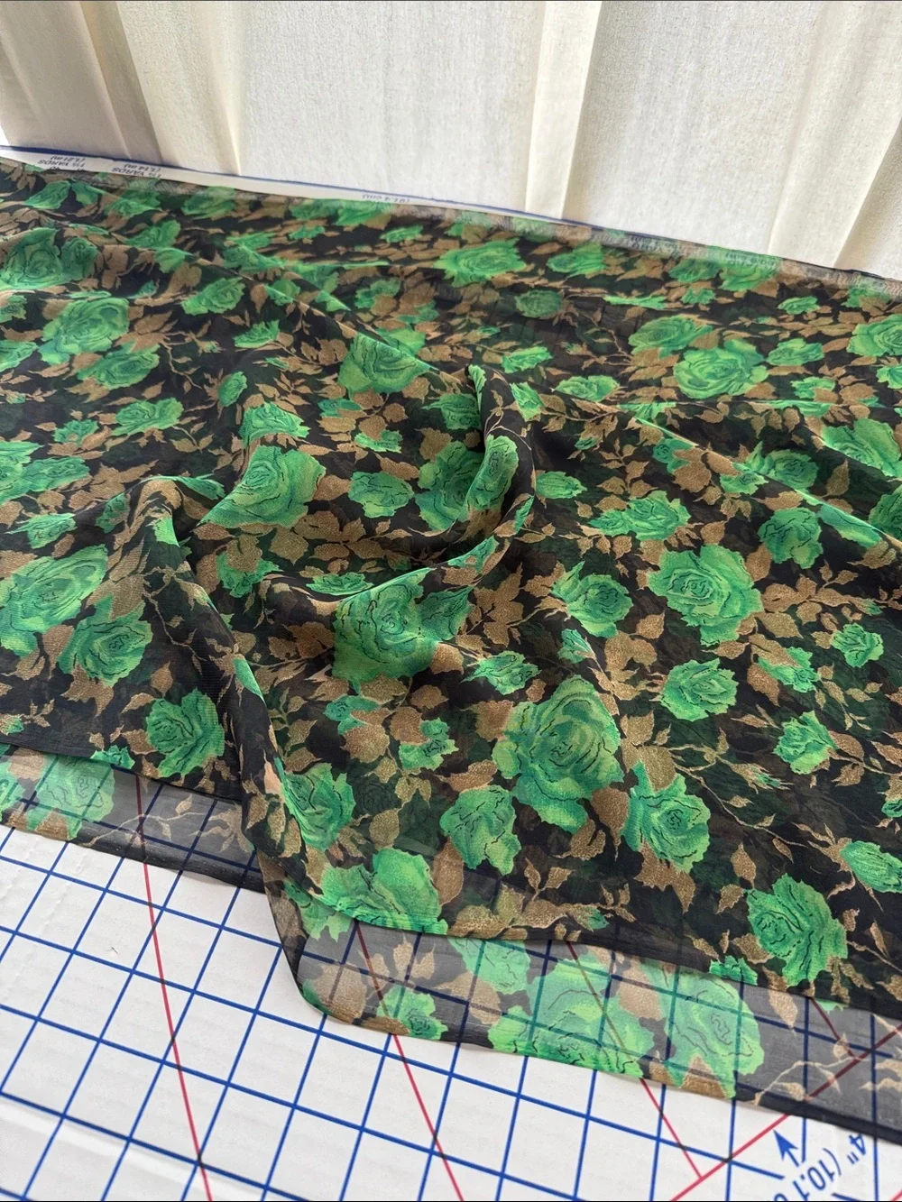 Vintage 70s Sheer Floral Fabric 4 Yards Green Roses Black Gold Flowy 42”